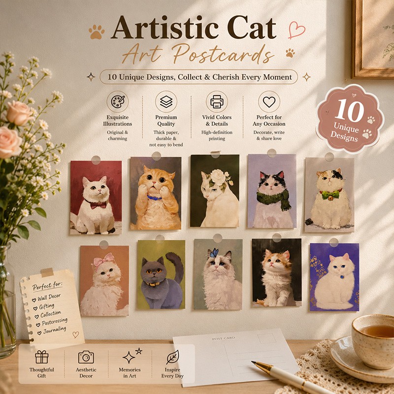 In-stock/Custom Artistic Cat Postcard Set – 10 Unique Designs