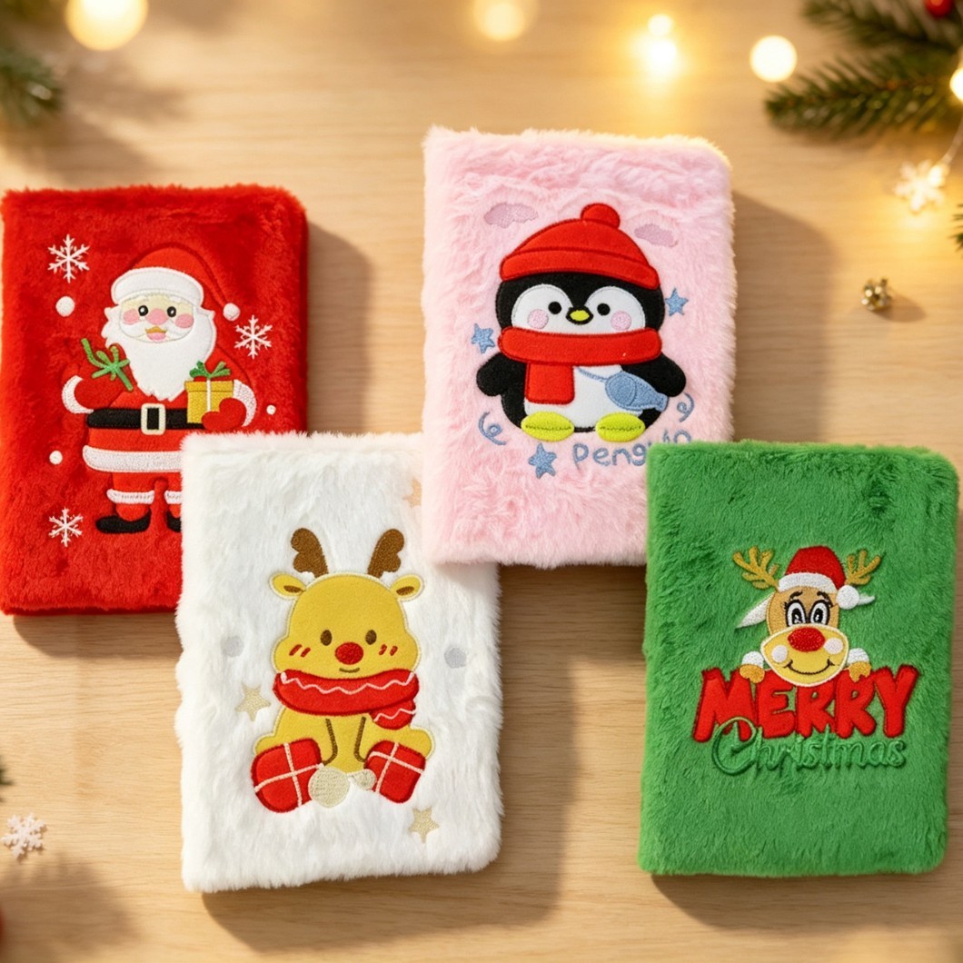 Christmas Plush Embroidered Notebook Cute Cartoon Journal Holiday Gift Notepad Wholesale